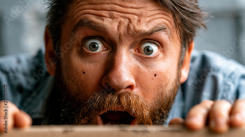 Shocked man looking up with wide eyes and open mouth expressing surprise or disbelief, startled