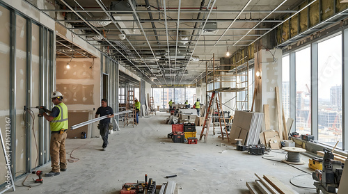 A wide shot of an empty office space under construction, with a worker in a yellow vest installing drywall, another carrying a long board, and city skyline visible through large windows under a grey s