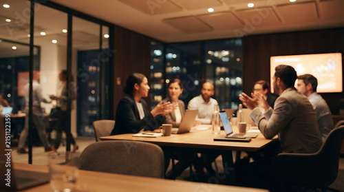 A group of six to seven business professionals in a collaborative evening meeting around a conference table, with a woman in a dark blazer speaking beside laptops, coffee cups and documents.
