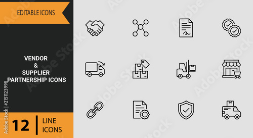 Vendor Supplier Management Line Art Icons Set For Supply Chain Logistics And Commercial Procurement