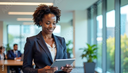 Confident businesswoman using tablet in modern office