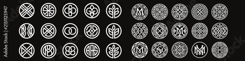 Abstract geometric line art circle logo set, vector minimal monogram ornament icons on black background