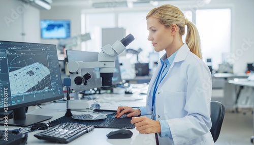 Female scientist analyzing data on computer in modern laboratory