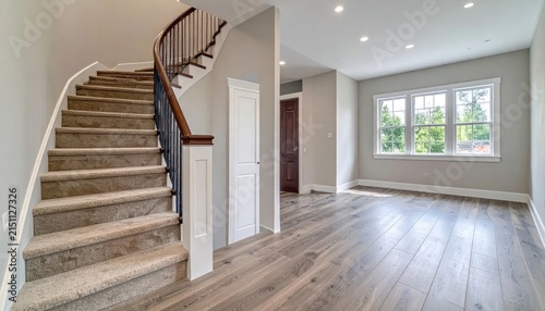Interior view of modern home staircase and hardwood floor.