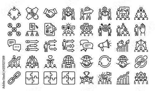 Business Teamwork Collaboration Partnership Cooperation Thin Line Vector Icons
