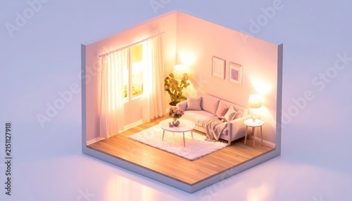 Isometric 3D model of modern studio apartment living space.