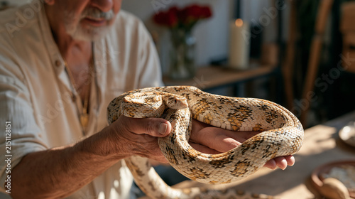 Elderly reptile handler in a candlelit herpetology study holding a large corn snake across weathered forearms, Valentines Day red roses arranged in a glass jar on the shelf behind