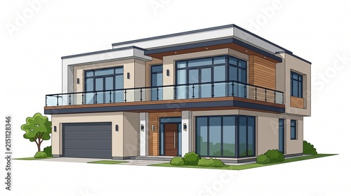 Modern two-story luxury villa with glass balcony and garage on white background