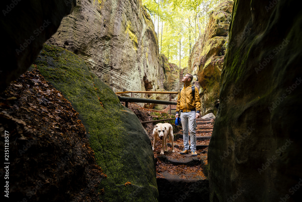 Obraz premium Tourist walking with his Labrador retriever dog on narrow path between massive sandstone rocks in forest in Bohemian Paradise. Outdoor hiking adventure, Czech republic nature travel and pet concept.