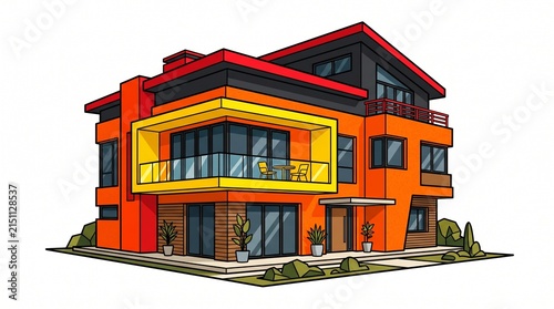 Modern orange mansion with yellow balcony and flat roof isolated on white background