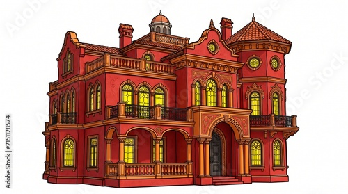 Luxury red villa mansion with classic architecture and illuminated windows on white background