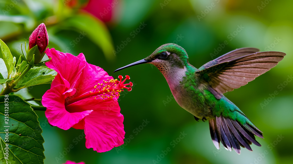 Fototapeta premium A hummingbird flying next to a pink flower
