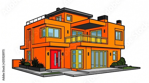 Modern orange villa exterior design with red front door and contemporary architecture.
