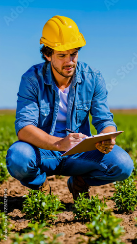 A man in a hard hat crouching down in a field writing on a clipboard