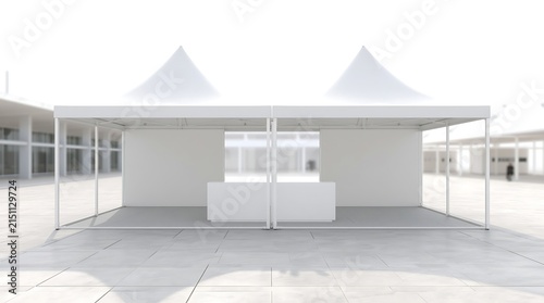 Modern white exhibition tent structure with clear walls and counter.