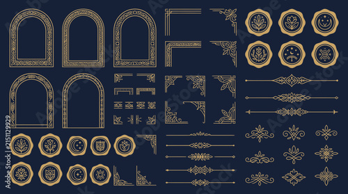 Ornate Decorative Elements: Arches, Corners, Dividers, and Emblems
