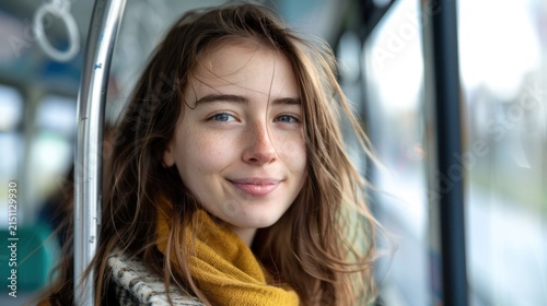 Woman smiles public transport
