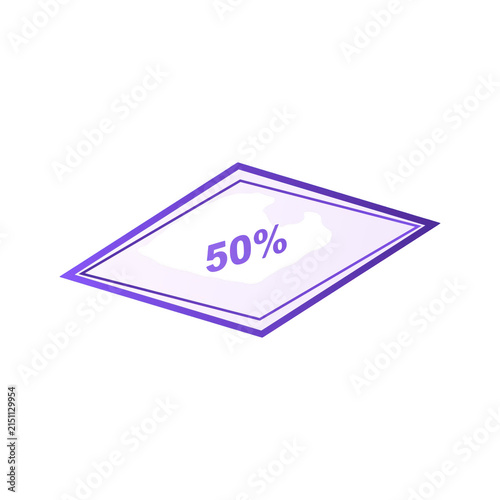 Purple diamond shape with a 50 percent discount label