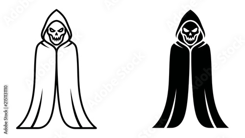 Bild auf Leinwand Grim Reaper Silhouette: A chilling depiction of the Grim Reaper, presented in both outline and solid black silhouette, symbolizing mortality and the inevitable end