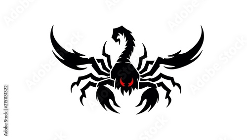 Black scorpion silhouette with red eyes on white background