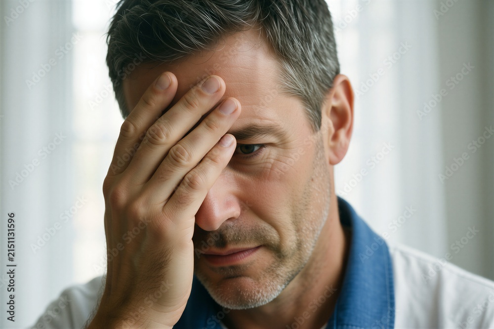 Fototapeta premium Man experiencing burnout, stress, and anxiety, covering his face in a moment of mental health struggle.