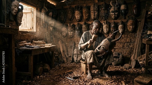African artisan carving traditional wooden mask in workshop.