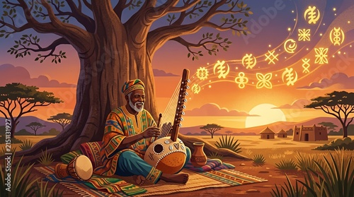 African elder playing kora harp under baobab tree sunset