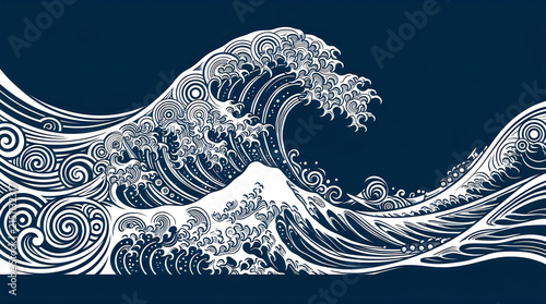 Japanese style ocean wave illustration, vintage ukiyo-e sea art with mountain, blue and white nautical background for wall decor