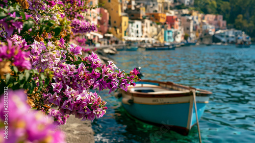 Small blue boat moored at a coastal village pier with purple flowers in the foreground