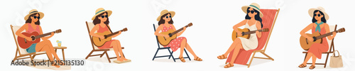 vector flat of a woman sitting on a beach chair playing guitar on the beach in summer