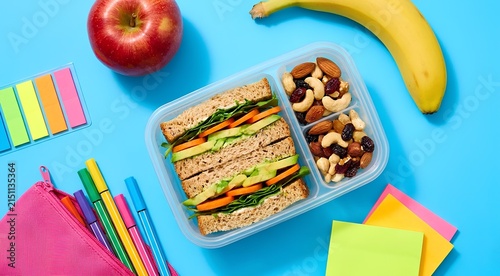 Healthy school lunch box with fresh fruit and stationery for back to school preparation