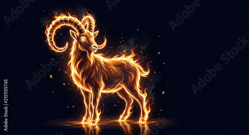 Majestic Fiery Goat Standing in Dark Background, Fantasy Zodiac Ram Illustration