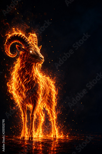 Majestic Fiery Goat Standing in Dark Background, Fantasy Zodiac Ram Illustration