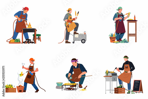 Street food vendors set roasting corn on grill. Flat vector illustration of various male characters cooking grilled corn cobs with torches and charcoal for outdoor stall business.