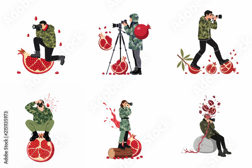 Surreal Vector Set of Photographers in Camouflage Uniform Holding Cameras and Interacting with Pomegranates, Illustrating Military Conflict, War Journalism, and Nature Concepts