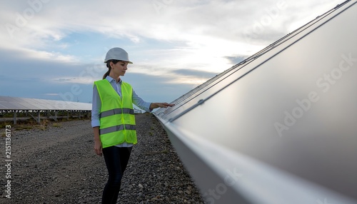 Engineer inspecting solar panels at renewable energy plant