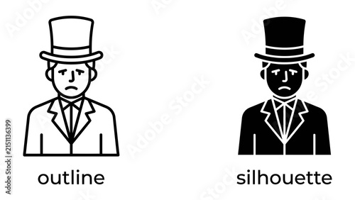 Foto Sad Gentleman Icon: A man in a formal suit with a top hat displays a sorrowful expression, depicted in both outline and silhouette styles for versatility