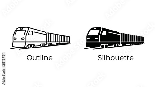 Train Icons: A set of train icons featuring an outline and a silhouette of a freight train with multiple carriages, presented on a clean background.