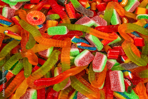 Assorted gummy candies. Top view. Jelly  sweets background.