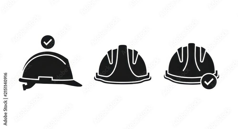 Fototapeta premium Set of Construction Safety Hard Hat Icons with Checkmark Symbols for Industrial Work Protection and Compliance