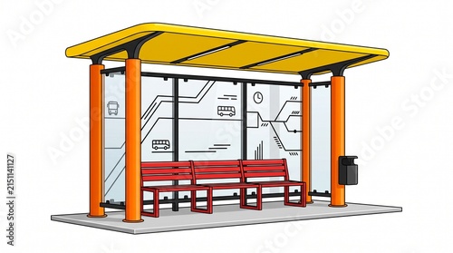 Modern public bus stop shelter with orange pillars and red bench on white background