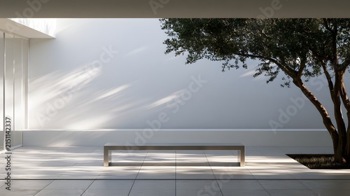 Outdoor courtyard with modern bench and mature tree against white wall.