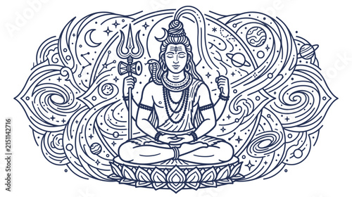 фотографія Meditating Deity with Cosmic Elements in Line Art