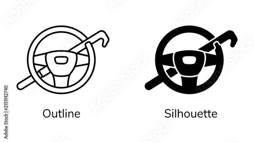 Принти на полотні Steering Wheel Lock Icon: A conceptual representation of a steering wheel lock, depicted in both outline and silhouette forms, symbolizing vehicle security and anti-theft measures