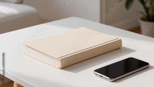 Minimalist concept of choice between analog and digital, hardcover book and smartphone on white table in cozy modern interior