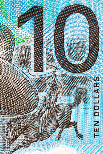 Konstfotografi Australian 10 dollar polymer banknote illustrating a horse rider with a whip