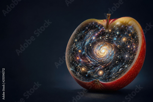 Cut red apple reveals a galaxy filled interior. Space for text.