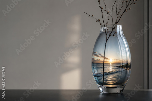 Glass vase contains a sunset ocean scene and branches. Space for text.