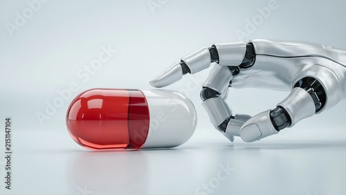 Robotic Hand Holding Half Red and White Pill Capsule Representing Medical Technology Advancement