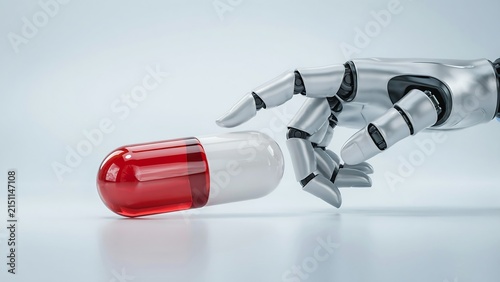 Robotic Hand Picking Up Red and White Capsule Pill Representing Modern Medicine and Automation